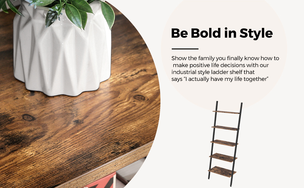 VASAGLE Industrial Ladder Shelf, 5-Tier Bookshelf Rack, Wall Shelf For Living Room, Kitchen, Office, Stable Iron, Leaning Against The Wall, Rustic Brown By SONGMICS LLS46BX 13 1
