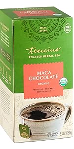 Teeccino Maca Chocolate Herbal Tea made with organic maca for a natural energy boost.