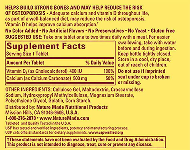 Nature Made Calcium (Carbonate) 500 mg w. Vitamin D3 400 IU