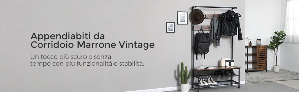 VASAGLE Appendiabiti In Stile Industriale Con Panca E Ripiani Portaoggetti, Appendiabiti Di Grandi Dimensioni Per Cappotti E Cappelli, Multifunzione, Struttura In Ferro Stabile Da SONGMICS 14 1