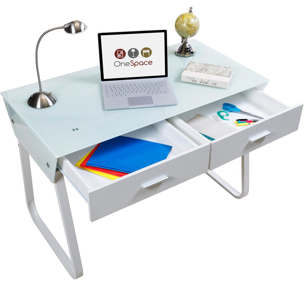OneSpace Ultramodern Glass Computer Desk with Drawers, White Kitchen & Dining