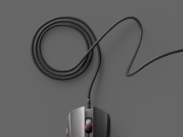 -SteelSeries Rival 5 mesh cable mouse coiled on plain background