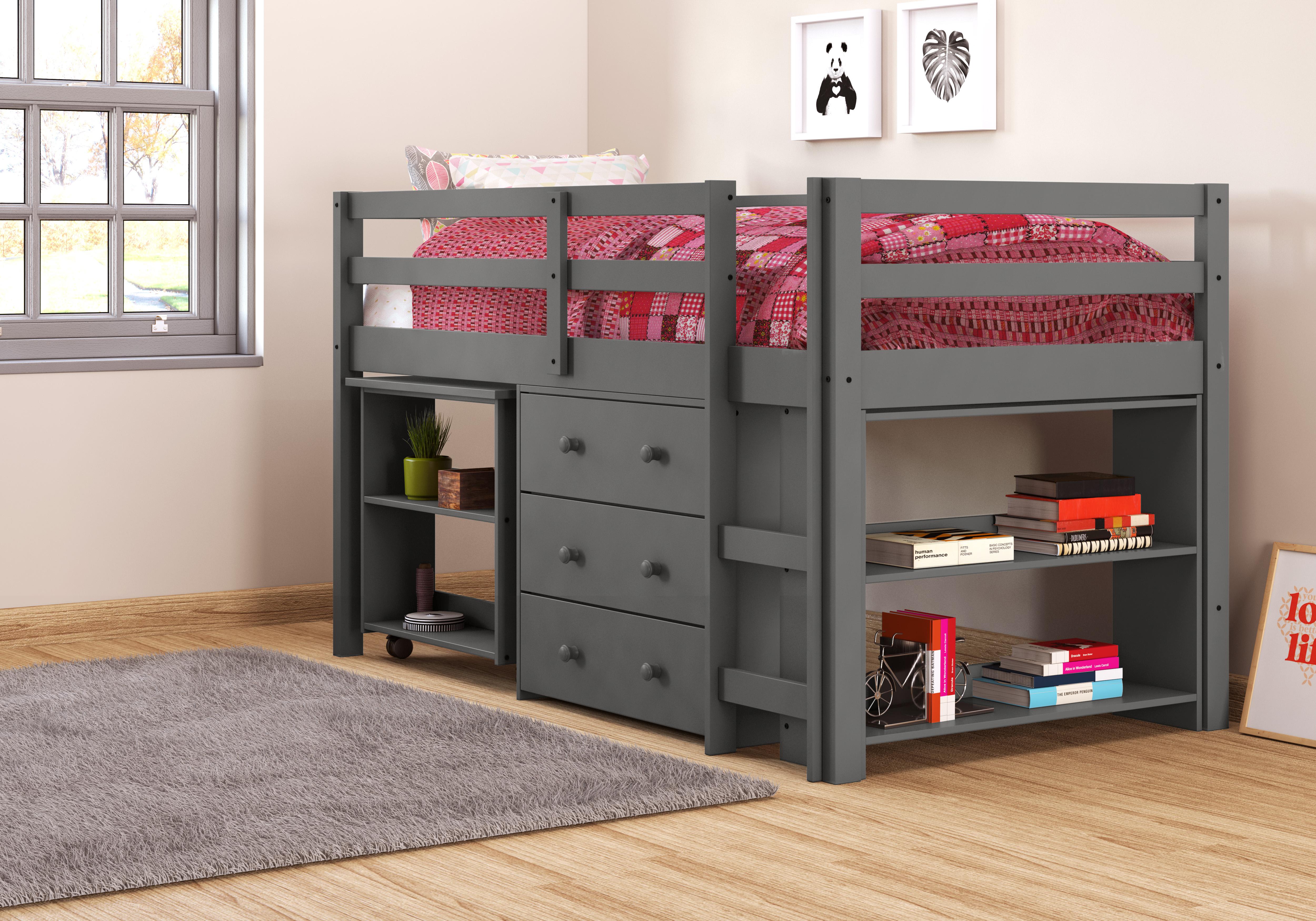 Donco Kids Low Loft Bed with Desk, Twin, Dark Grey