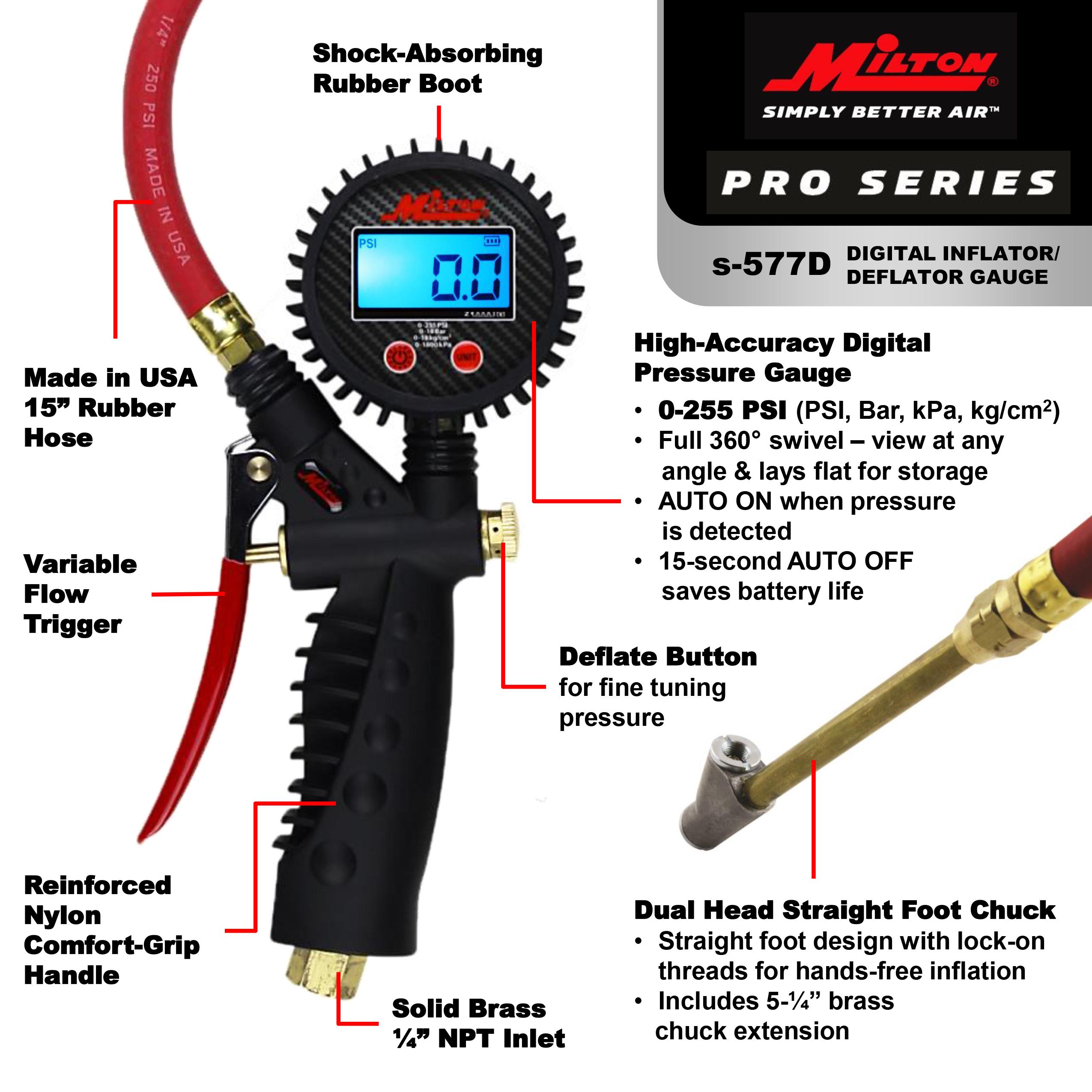 Milton S577D Pro Digital Pistol Grip Inflator Gauge Straight Foot