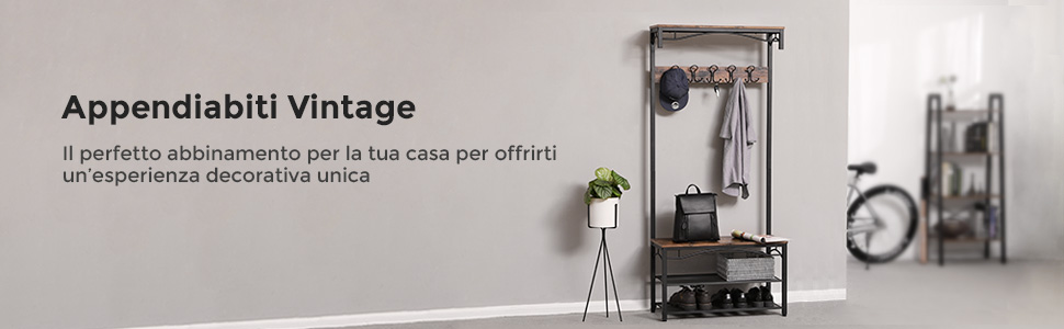 VASAGLE Appendiabiti Vintage Per Cappotti E Cappelli, Scaffale Con Panca E Ripiani, Con Ganci, Struttura Di Metallo Opaca,da SONGMICS 14 1