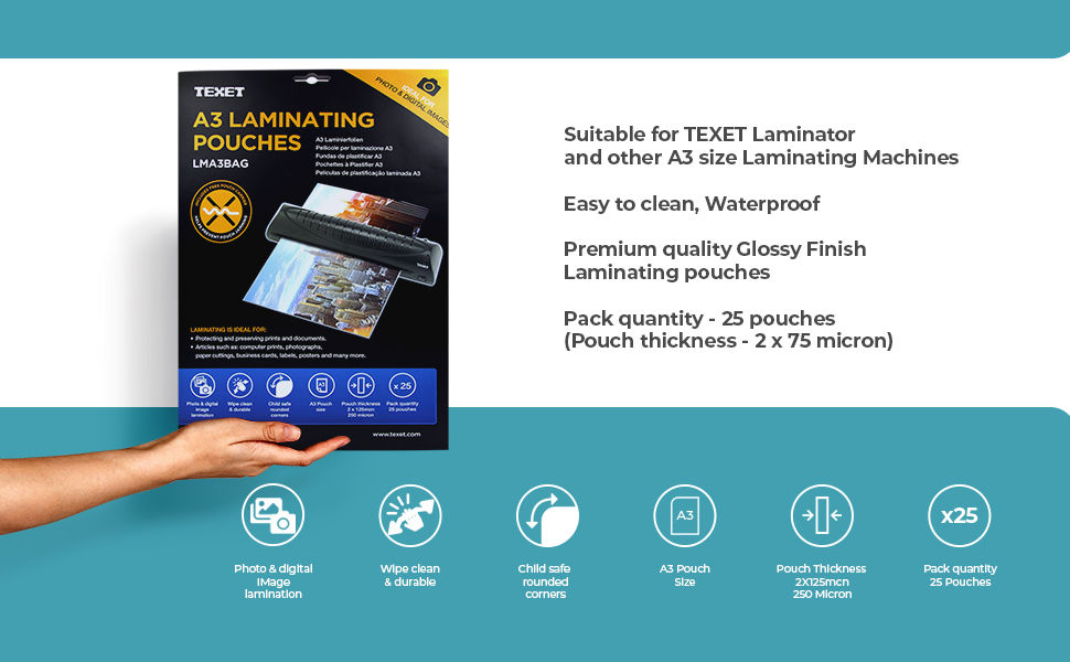 Texet A3 Lamination Sheet, Pack of 25 Photo Quality Glossy Finish Laminating Pouches, 216 x 303