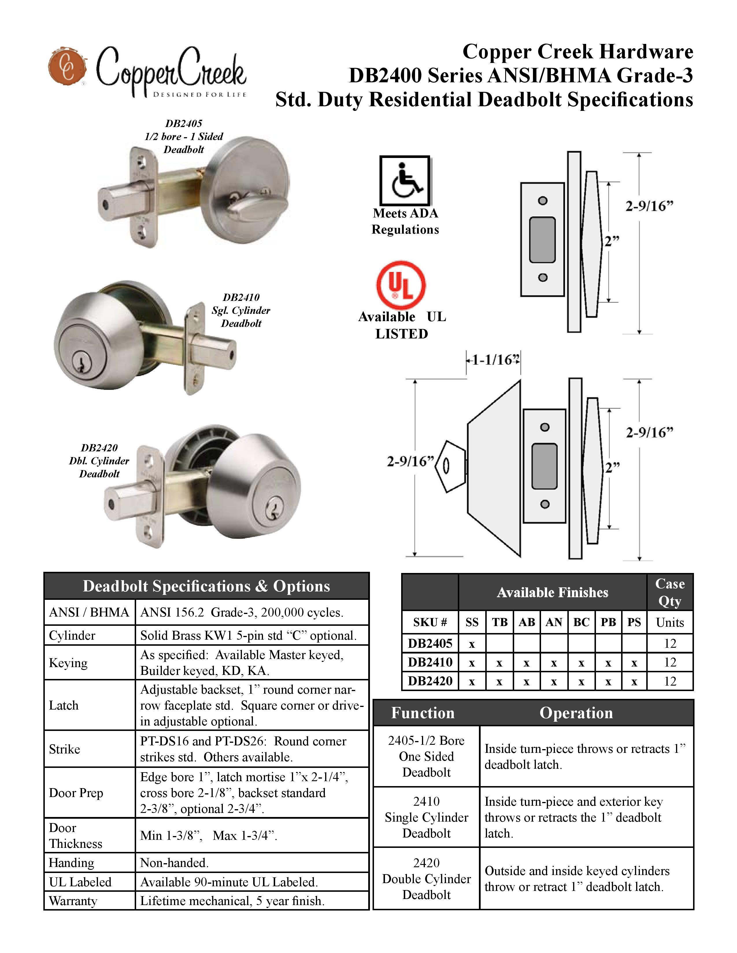 Copper Creek DB2410BC Standard Duty Single Cylinder Deadbolt in BC