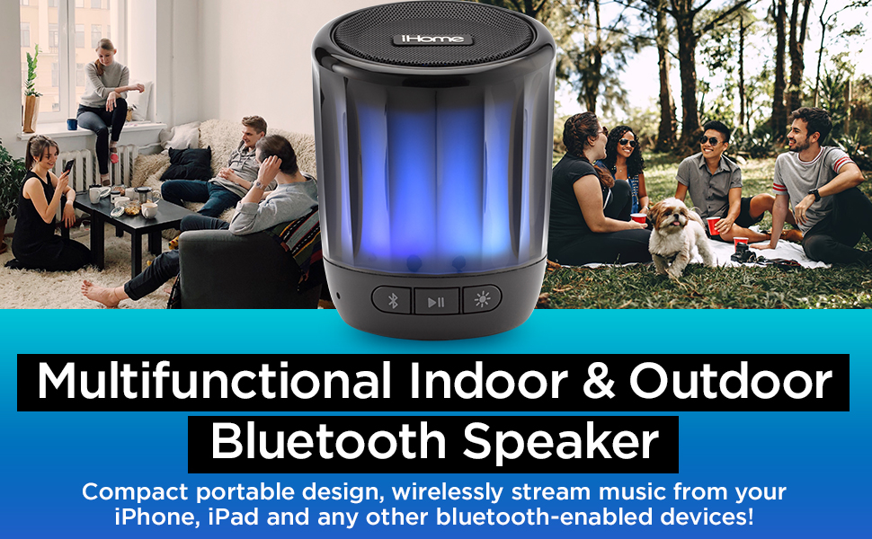 iHome PlayGlow Mini Portable Bluetooth Speaker Rechargeable Color Changing Audio