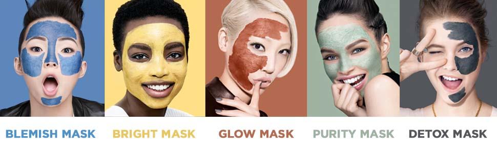 masks, clay masks, multi-masking, pure clay, black mask, charcoal mask, blue mask, yellow mask
