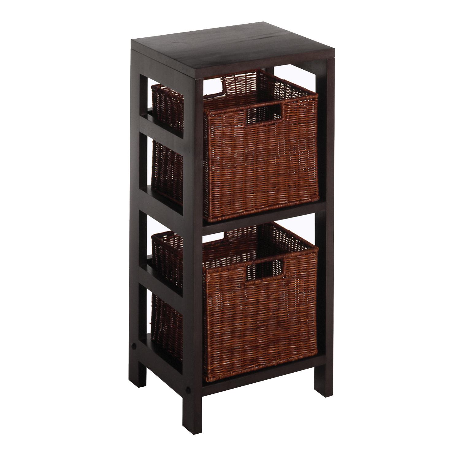 Winsome Wood Leo Wood 2 Tiered Shelf with 2 Rattan Baskets