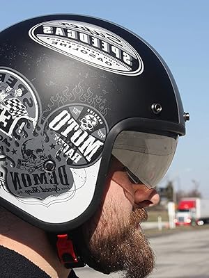 X390 Motorcycle Helmet with drop down sunshield and 3 snap shorty visor vintage retro