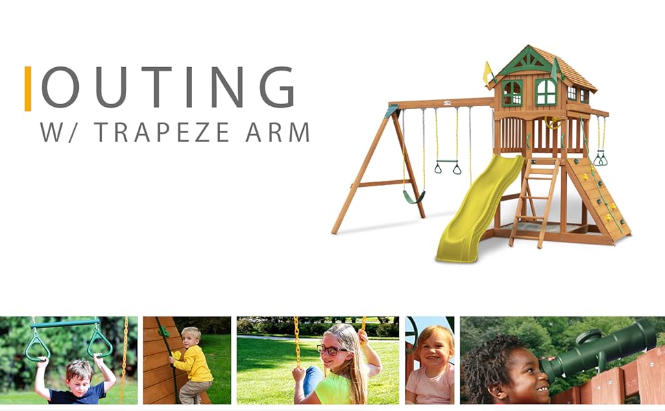 Gorilla Playsets 011066Y Outing Wood Swing Set with Wood Roof and Trapeze Arm