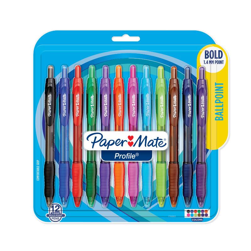 Paper Mate Profile Retractable Bold Point Ballpoint Pens, 12 Colored