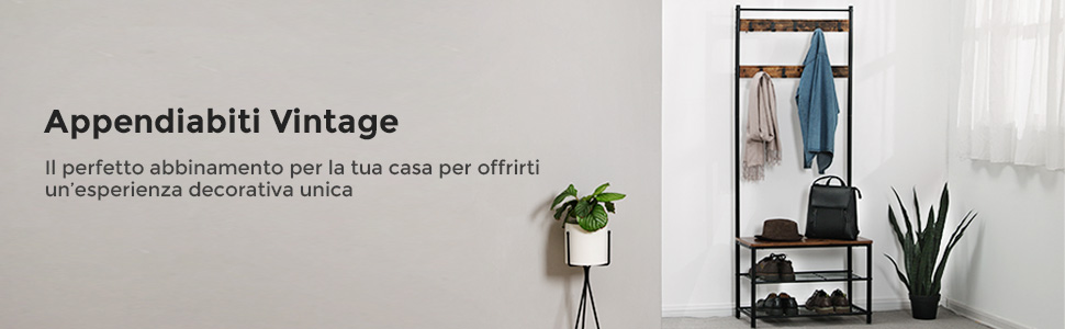 Songmics VASAGLE Appendiabiti, Attaccapanni Da Entrata, Con Panca Scarpiera, Ripiani Portaoggetti, Ganci, Struttura In Acciaio Opaco, Altezza Di 175 Cm, In Stile Industriale, Marrone Vintage E Nero 14 1