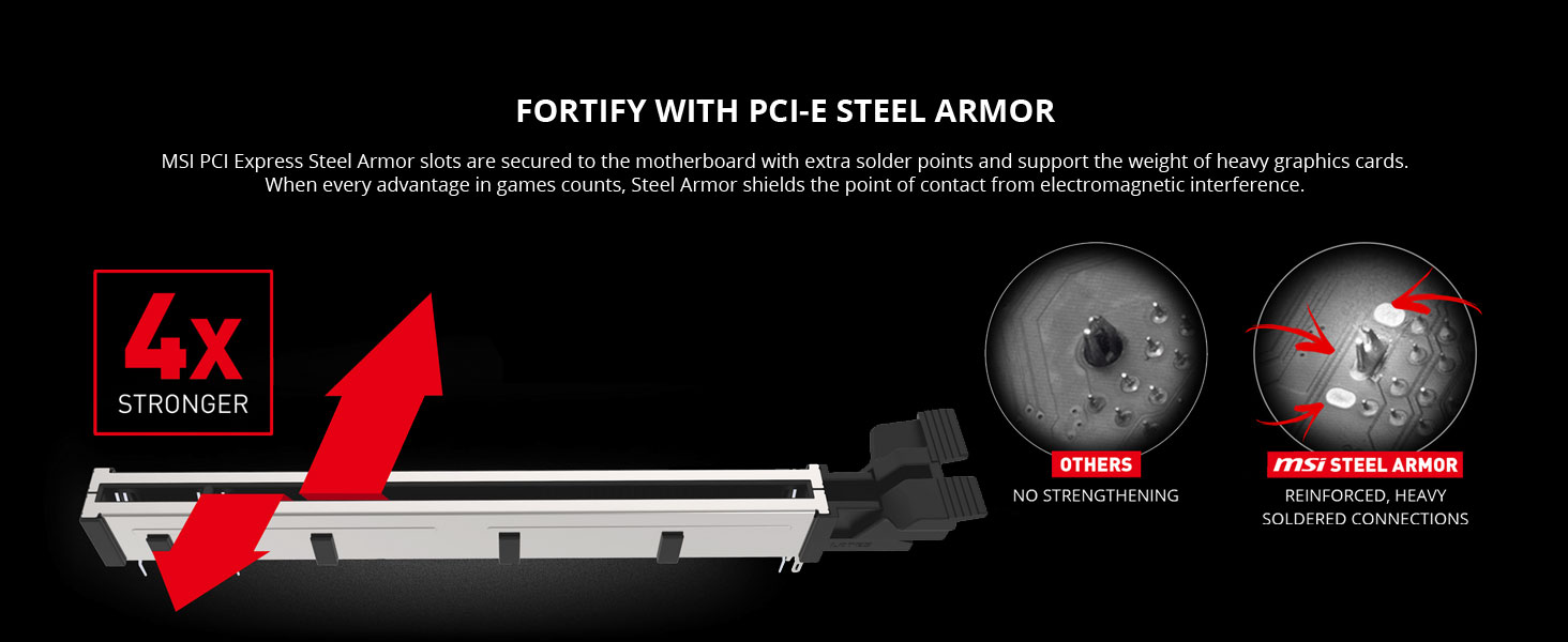 msi, mag z490 tomahawk, pci-e steel armor, reinforced, shielded, slot, pci express, sag, bending