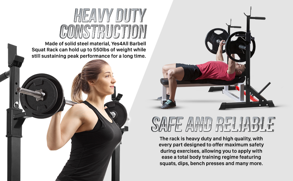 Yes4All Adjustable Barbell Rack, MultiFunction Squat Rack, Weight Lifting Home Gym, Dip Bar