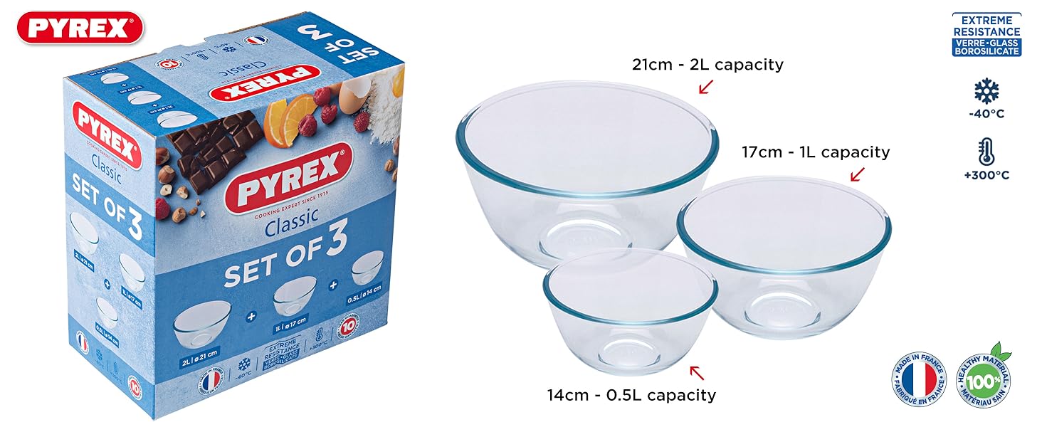 Pyrex 333S703 Classic Glass Bowls, (3Piece Set), 0.5Litre, 1Litre and