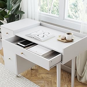 white modern industrial contemporary wooden vanity desk multiple drawers storage small spaces makeup