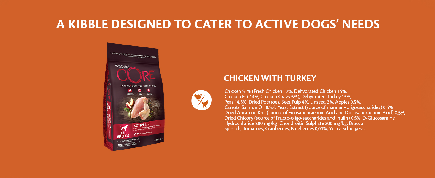 This kibble dry food is designed to cater to active dogs' needs