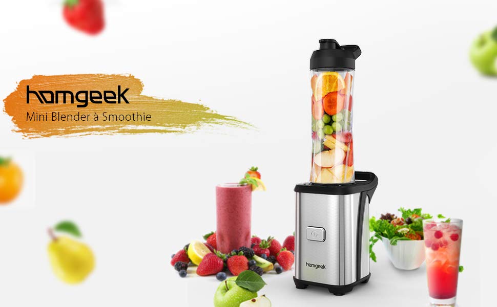 Homgeek Mini Blender 350W, Blender smoothie et Milkshake avec 2 Bouteilles Portables de 600ml