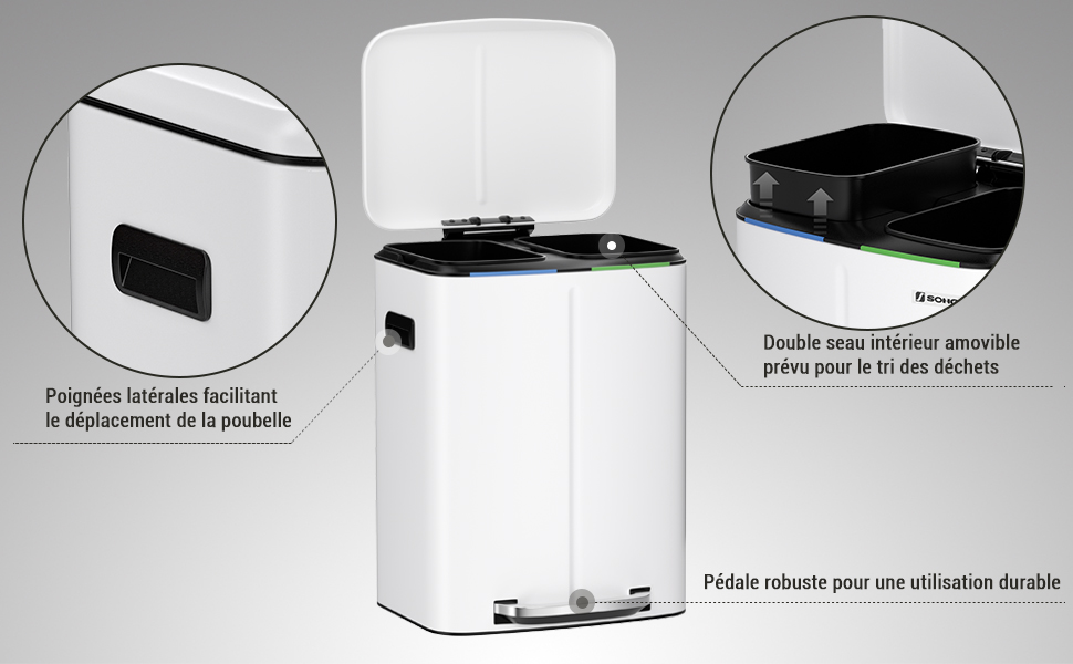 Songmics Double Poubelle, Poubelle De 2 X 20L, Poubelle En Métal Avec Deux Seaux, Seaux Intérieurs En Plastique Et Couvercle à Charnière, Poignée, Fermeture Souple, Hermétique, Blanc LTB40WT 11 Poubelle 2 pédales