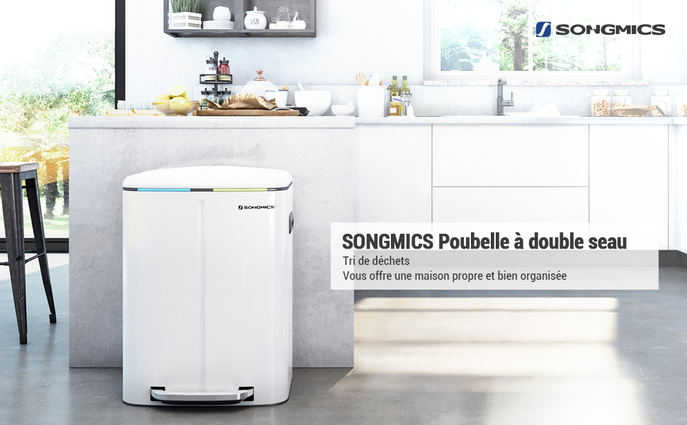 Songmics Double Poubelle, Poubelle De 2 X 20L, Poubelle En Métal Avec Deux Seaux, Seaux Intérieurs En Plastique Et Couvercle à Charnière, Poignée, Fermeture Souple, Hermétique, Blanc LTB40WT 10 Double poubelle