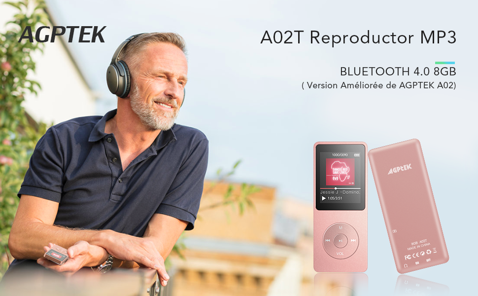 AGPTEK A02T Reproductor MP3 Bluetooth 4.0, Reproductor de Música 8GB