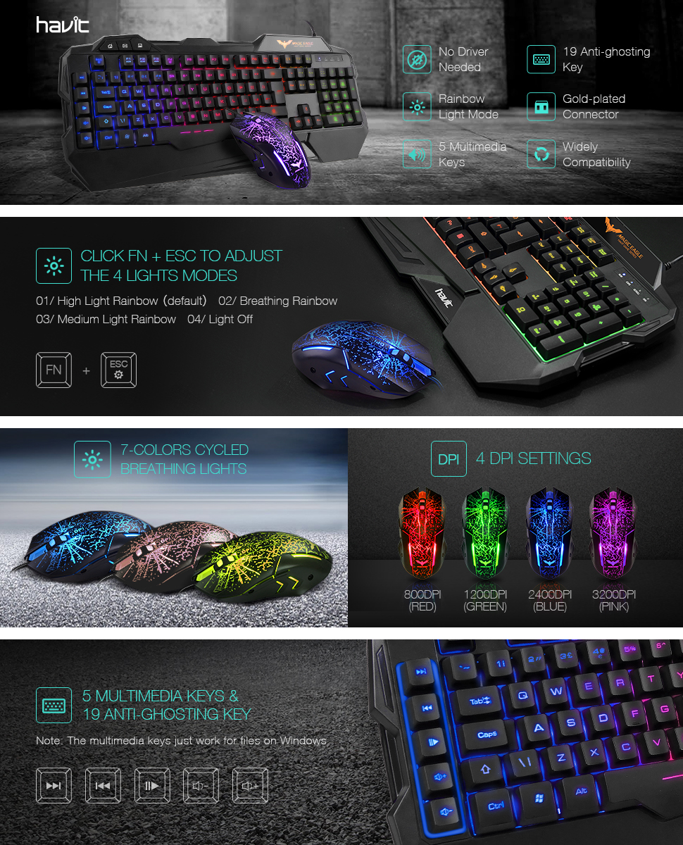 Gaming Keyboard {UK Layout}, HAVIT Rainbow LED Backlit Wired Keyboard