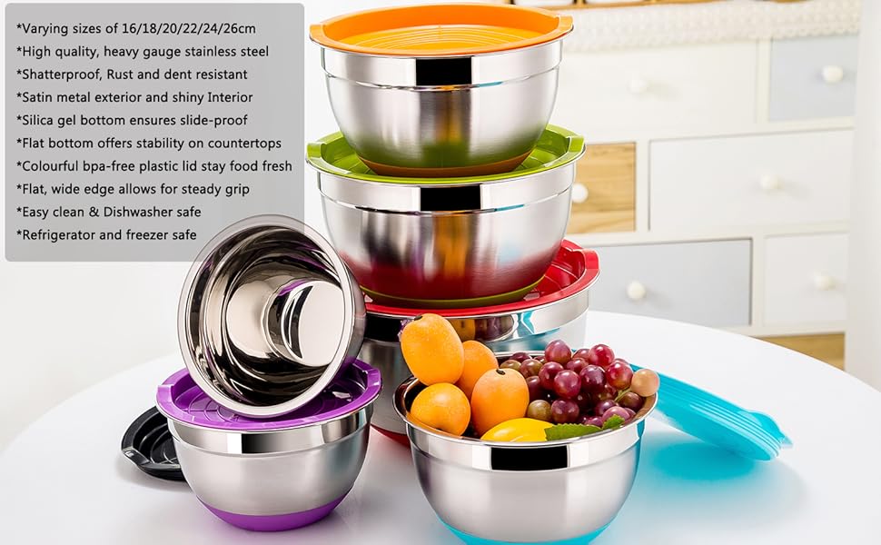 TeamFar Mixing Bowl Set of 6, Stainless Steel Baking Nesting Bowls Set