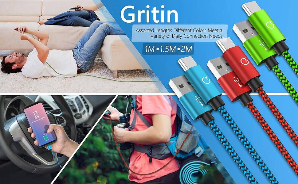Gritin USB C Cable, [3Pack/1M+1.5M+2M] USB Type C Fast Charging Cable