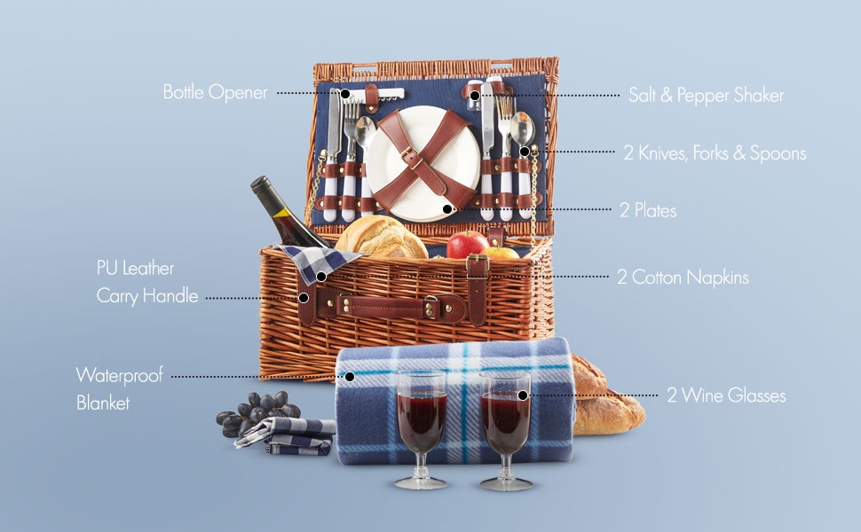 VonShef Deluxe 2 Person Wicker Picnic Basket Hamper with Cutlery