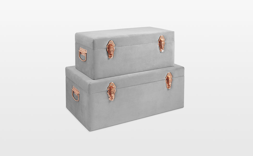 Beautify Set of 2 Grey Velvet Storage Trunks Chests Box Case for