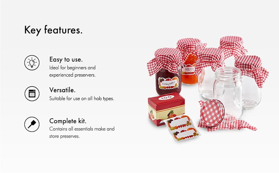 VonShef Jam Making Kit, Includes 6 Jam Jars with Lids, Induction Hob Safe Maslin Pan