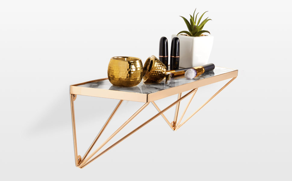 Beautify Marble Effect Wall Floating Shelf with a Champagne Frame L45