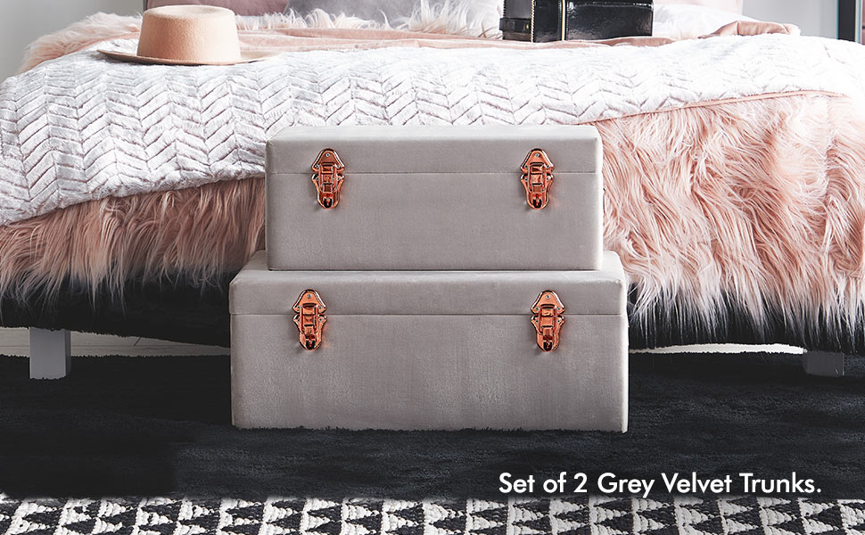 Beautify Set of 2 Grey Velvet Storage Trunks Chests Box Case for