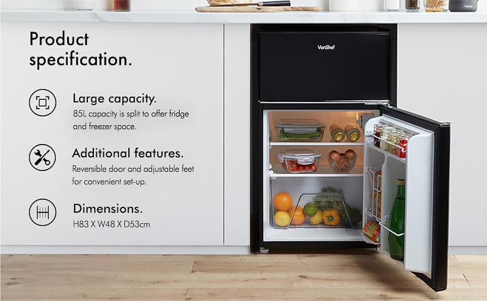 VonShef 85L Freestanding Under Counter Fridge Freezer With Reversible Door, Adjustable