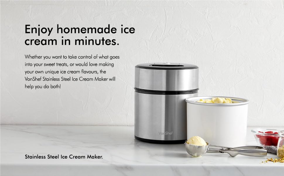 VonShef Ice Cream Maker Machine with Large 2L Removable Inner Bowl and