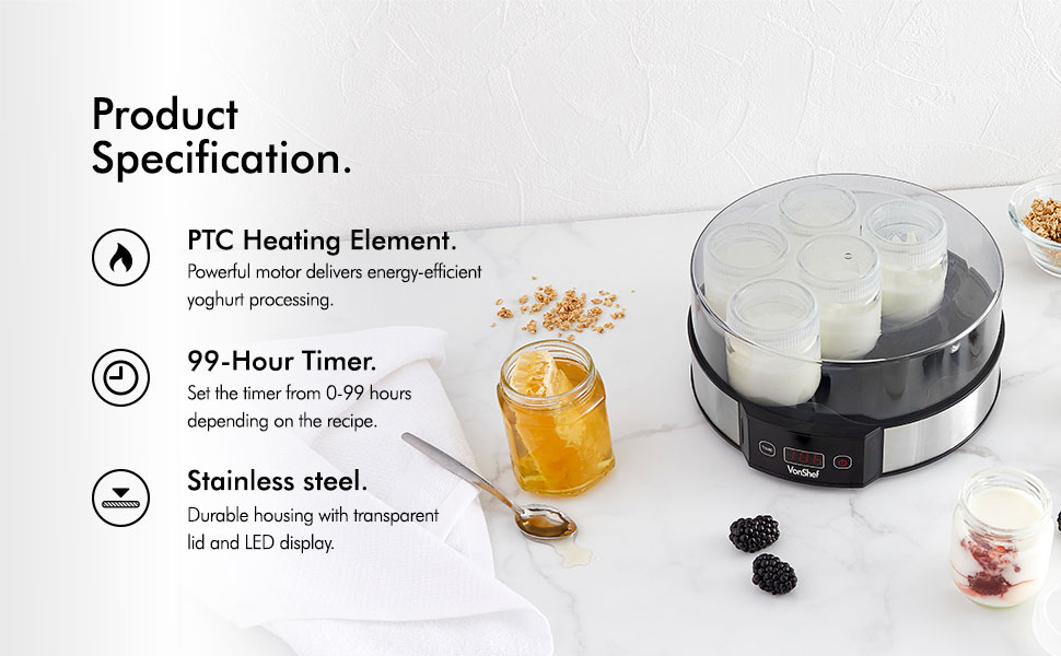 VonShef Digital Yoghurt Maker with 7 Jars Stainless Steel Machine