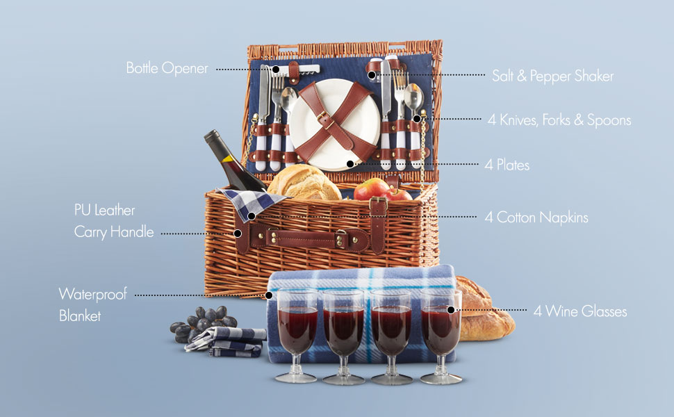 VonShef 4 Person Picnic Baskets Luxury Wicker Picnic Basket Sets