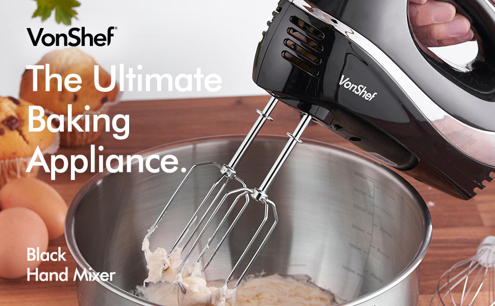 VonShef Professional 300W Hand Mixer, Black, Includes Chrome Beaters