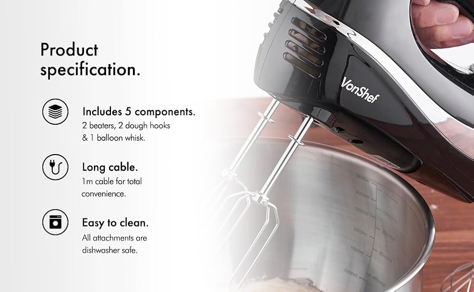 VonShef Professional 300W Hand Mixer, Black, Includes Chrome Beaters
