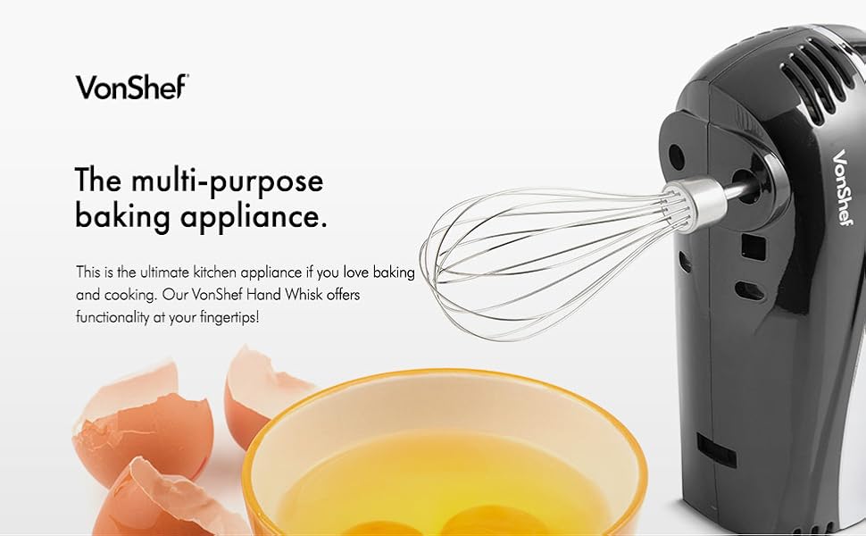 VonShef Professional 300W Hand Mixer, Black, Includes Chrome Beaters