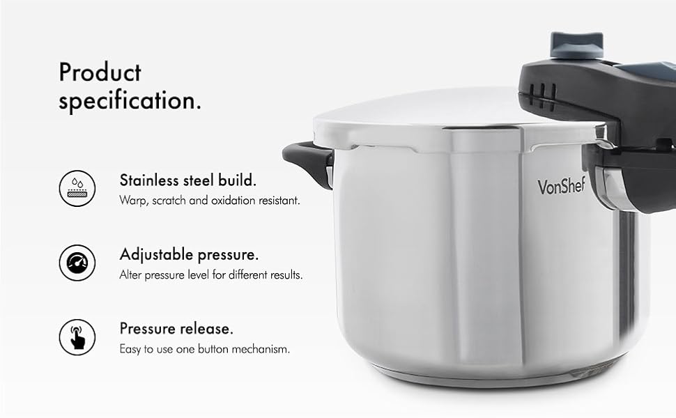 VonShef Stainless Steel Pressure Cooker for All Cooking Surfaces, 6.3