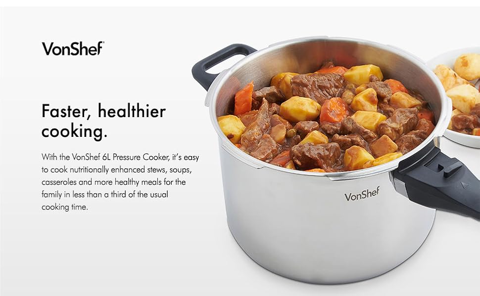 VonShef Stainless Steel Pressure Cooker for All Cooking Surfaces, 6.3