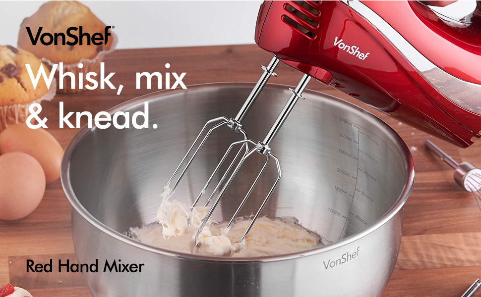 VonShef Professional 300W Hand Mixer, Red, Includes Chrome Beaters
