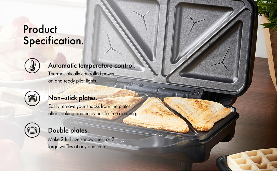 VonShef 2in1 Sandwich Toaster & Waffle Maker Toastie Maker with