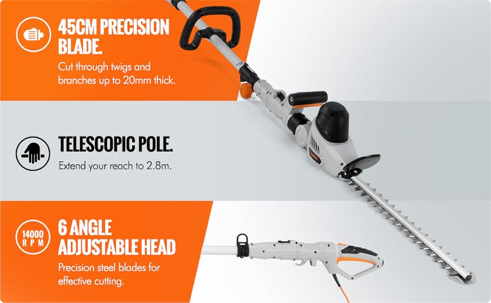 VonHaus Pole Hedge Trimmer 600W with Extendable 2.8m Reach, Adjustable Head, 45cm Blade Length