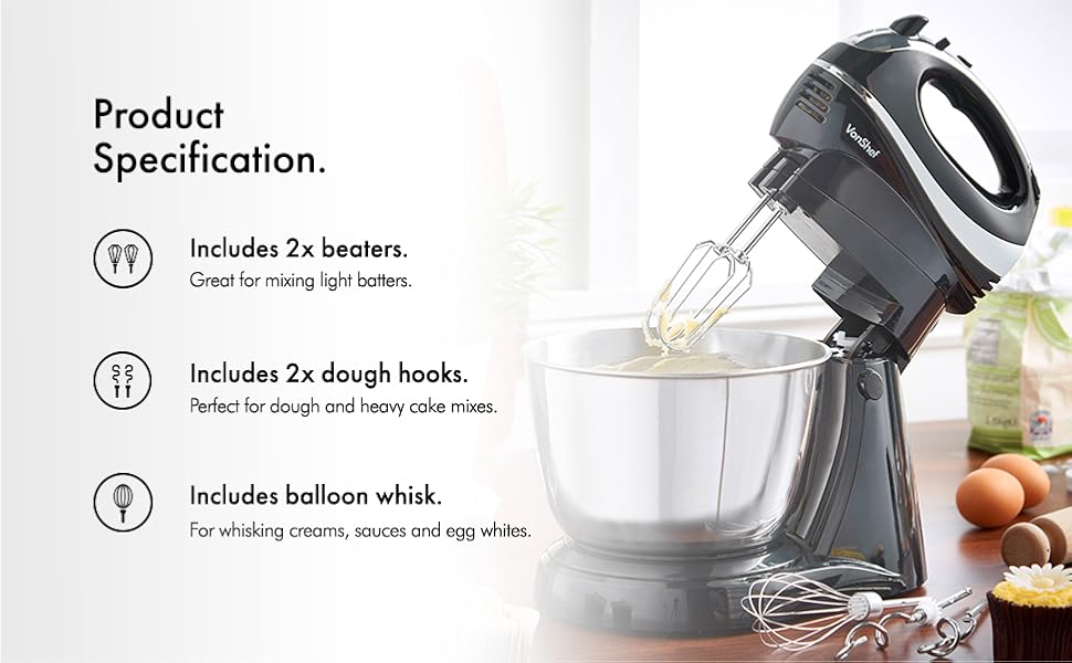 VonShef Hand and Stand Mixer Cake Mixer with Bowl and Stand 2 in 1