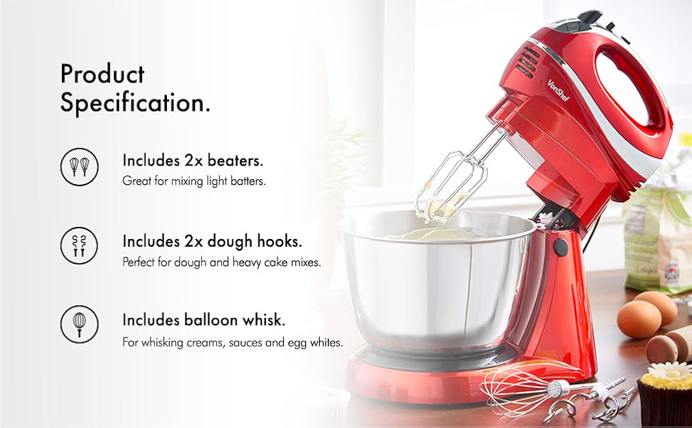 VonShef Hand and Stand Mixer Cake Mixer with Bowl and Stand 2 in 1