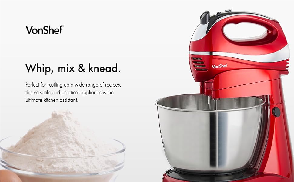 VonShef Hand and Stand Mixer Cake Mixer with Bowl and Stand 2 in 1